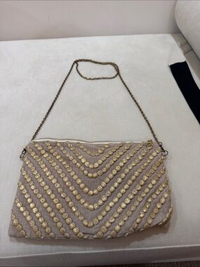 Beige Embellished Chain-Shoulder Clutch